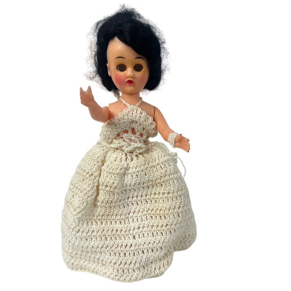 Vintage Plastic Bride Doll Crochet Dress Black Hair Eyes Open Shut